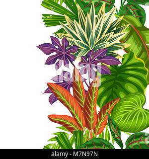 Seamless vertical border with tropical plants and leaves. Background made without clipping mask. Easy to use for backdrop, textile, wrapping paper Stock Vector