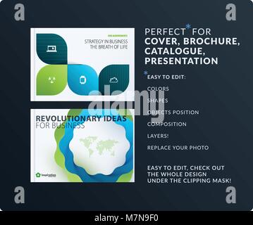 Presentation. Abstract vector set of modern horizontal templates with green turquoise wave rounded shapes for business, teamwork, tech, ecology. Clean Stock Vector