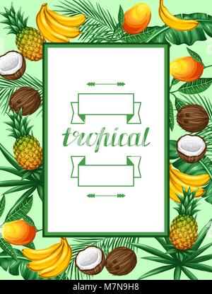 Frame with tropical fruits and leaves. Design for advertising booklets, labels, packaging, menu Stock Vector