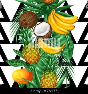 Seamless pattern with tropical fruits and leaves. Background made without clipping mask. Easy to use for backdrop, textile, wrapping paper Stock Vector