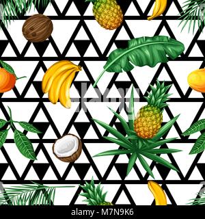 Seamless pattern with tropical fruits and leaves. Background made without clipping mask. Easy to use for backdrop, textile, wrapping paper Stock Vector