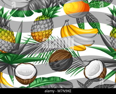 Seamless pattern with tropical fruits and leaves. Background made without clipping mask. Easy to use for backdrop, textile, wrapping paper Stock Vector