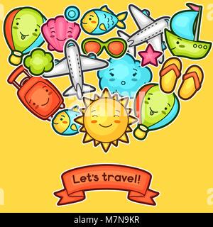 Cute travel background with kawaii doodles. Summer collection of cheerful cartoon characters sun, airplane, ship, balloon, suitcase and decorative objects Stock Vector