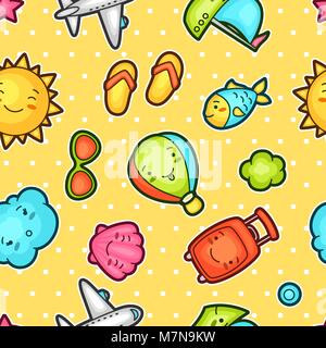 Seamless travel kawaii pattern with cute doodles. Summer collection of cheerful cartoon characters sun, airplane, ship, balloon, suitcase and decorative objects Stock Vector