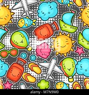 Seamless travel kawaii pattern with cute doodles. Summer collection of cheerful cartoon characters sun, airplane, ship, balloon, suitcase and decorative objects Stock Vector