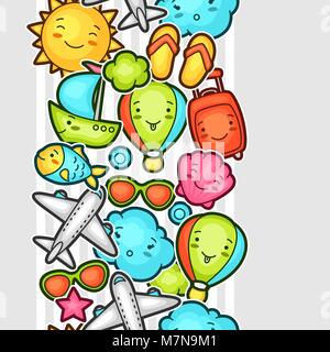 Seamless travel kawaii pattern with cute doodles. Summer collection of cheerful cartoon characters sun, airplane, ship, balloon, suitcase and decorative objects Stock Vector