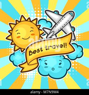 Cute travel background with kawaii doodles. Summer collection of cheerful cartoon characters sun, airplane, cloud and decorative objects Stock Vector