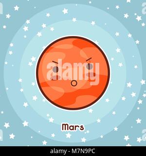 Kawaii space card. Doodle with pretty facial expression. Illustration of cartoon mars in starry sky Stock Vector
