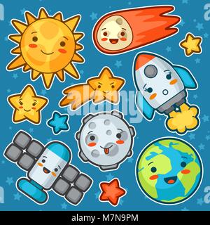 Set kawaii space objects. Doodles with pretty facial expression. Illustration of cartoon sun, earth, moon, rocket and celestial bodies Stock Vector