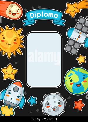 Kawaii space diploma. Doodles with pretty facial expression. Illustration of cartoon sun, earth, moon, rocket and celestial bodies Stock Vector