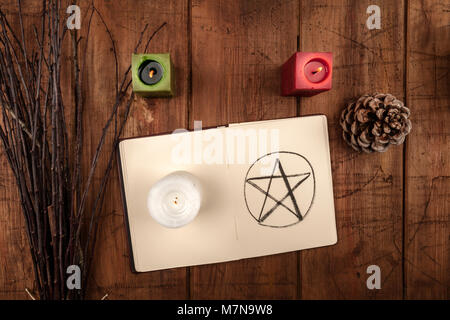 Overhead photo of open grimoire, candles, and a broom Stock Photo