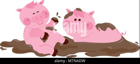 Pigs in a mud puddle at the farm. Cute pig and piglet farm animals in the barnyard farm playing in dirt. Vector illustration Stock Vector
