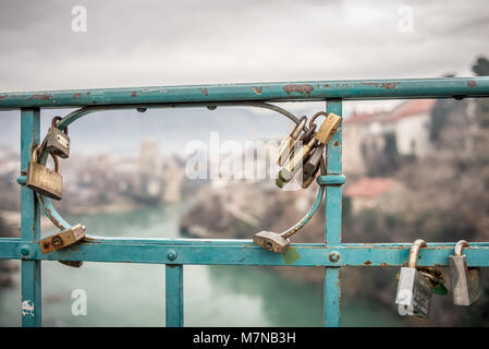 Love locks on a bridge over Neretva river,  Mostar, Bosnia and Herzegovina Stock Photo