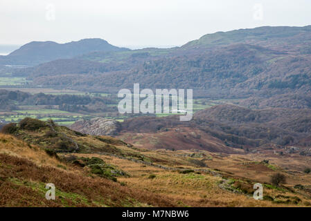 Autumnal scenery in Snowdonia national park, North Wales. Steam train seen in the valley below hills near Croesor. Stock Photo