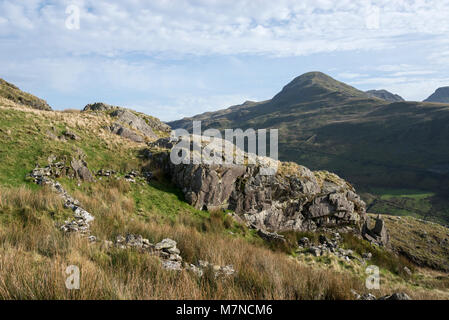 Moelwyn Mawr seen from the other side of Cwm Croesor, Snowdonia national park, North Wales. Stock Photo