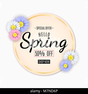 Spring sale banner. Paper round label. Multicolored flowers of chamomile. Seasonal flyer. Special offer. Vector illustration. EPS 10 Stock Vector