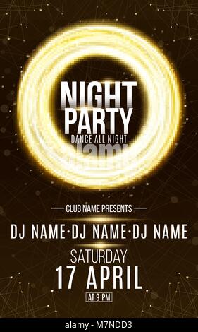 Poster for night dance party. Gold round banner of luminous neon swirling lines. Name of club and DJ. Night party flyer. Plexus background. Vector ill Stock Vector