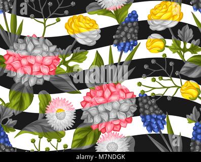 Seamless pattern with garden flowers. Decorative hortense, ranunculus, muscari and marguerite. Easy to use for backdrop, textile, wrapping paper, wallpaper Stock Vector