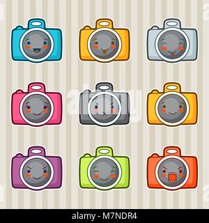 Kawaii doodle cameras set. Illustration of gadgets with various facial expression Stock Vector