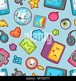 Kawaii gadgets social network seamless pattern. Doodles with pretty facial expression. Illustration of phone, tablet, globe, camera, laptop, headphones and other Stock Vector