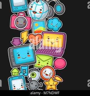 Kawaii gadgets social network seamless pattern. Doodles with pretty facial expression. Illustration of phone, tablet, globe, camera, laptop, headphones and other Stock Vector