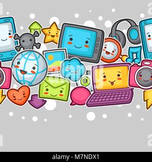 Kawaii gadgets social network seamless pattern. Doodles with pretty facial expression. Illustration of phone, tablet, globe, camera, laptop, headphones and other Stock Vector