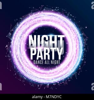 Flyer for night dance party. Round banner of luminous neon swirling lines and small triangles. Night party flyer. Vector illustration. EPS 10 Stock Vector