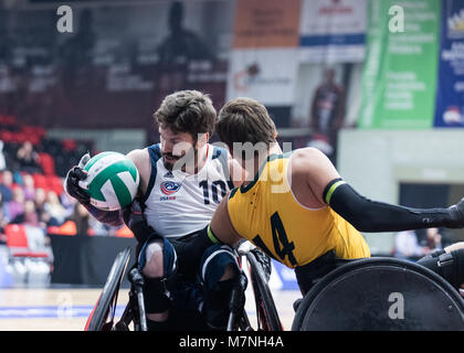 Leicester, UK. 11th March, 2018.  King Power wheelchair rugby quad nations tournament at Leicester Arena, Leicester, UK. Final between USA and Australia. USA win.  Credit: Carol Moir/ Alamy Live News. Stock Photo