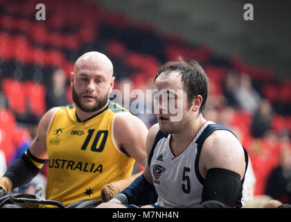 Leicester, UK. 11th March, 2018.  King Power wheelchair rugby quad nations tournament at Leicester Arena, Leicester, UK. Final between USA and Australia. USA win.  Credit: Carol Moir/ Alamy Live News. Stock Photo