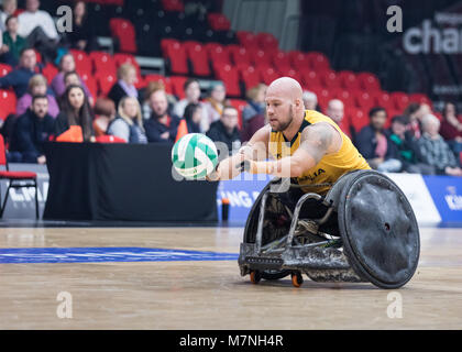 Leicester, UK. 11th March, 2018.  King Power wheelchair rugby quad nations tournament at Leicester Arena, Leicester, UK. Final between USA and Australia. USA win.  Credit: Carol Moir/ Alamy Live News. Stock Photo