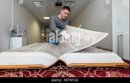 The one copy in the world of the Codex Gigas (Giant Book in English), also known as the Devil's Bible, is exposed in Hradec Kralove, Czech Republic, on March 12, 2018. Codex Gigas is the largest extant medieval illuminated manuscript in the world, at 92 cm tall. (CTK Photo/David Tanecek) Stock Photo