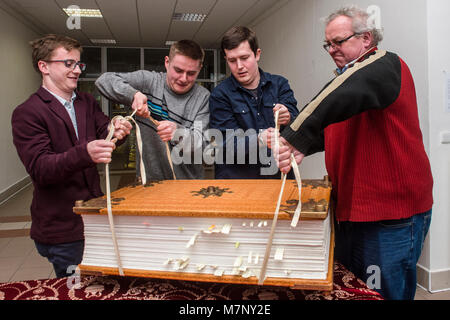 The one copy in the world of the Codex Gigas (Giant Book in English), also known as the Devil's Bible, is exposed in Hradec Kralove, Czech Republic, on March 12, 2018. Codex Gigas is the largest extant medieval illuminated manuscript in the world, at 92 cm tall. (CTK Photo/David Tanecek) Stock Photo