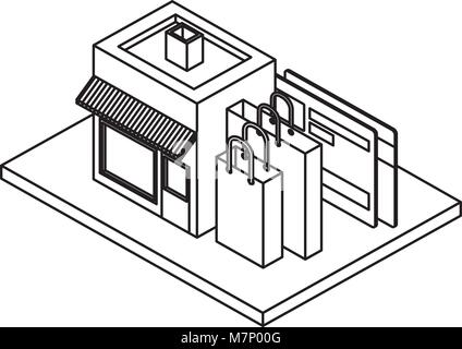 store building with shopping bags and credit card isometric icon Stock Vector