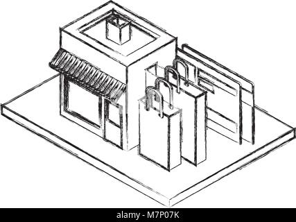 store building with shopping bags and credit card isometric icon Stock Vector