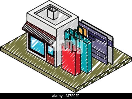 store building with shopping bags and credit card isometric icon Stock Vector