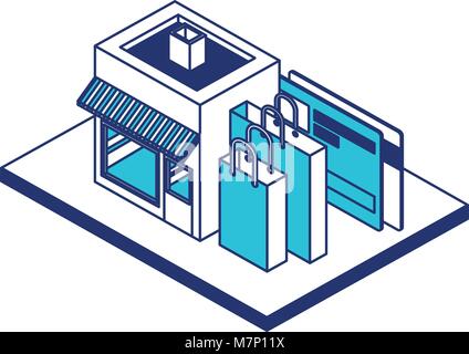 store building with shopping bags and credit card isometric icon Stock Vector