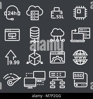 Thin line icons set of hosting and cloud computing networks concepts. Internet, server, network icons Stock Vector
