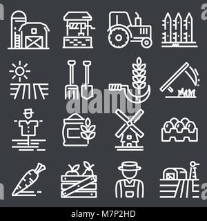 Farming and agriculture icons set. Harvester trucks, tractors, farmers and village farm buildings Stock Vector