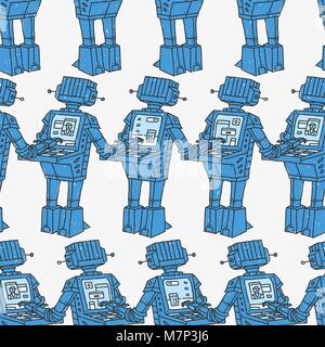 Seamless Pattern Robots and Personal Computer Stock Vector