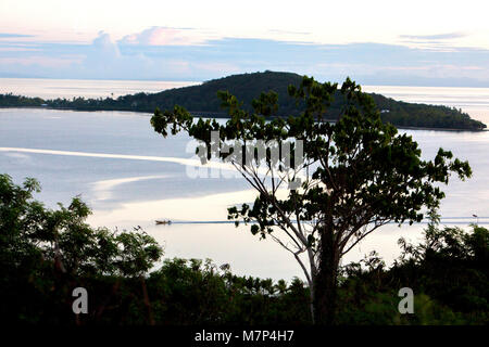 Beautiful landscape of Fiji island during high tide with tree in foreground and ocean with hill on island and small boat passing in background during, Stock Photo