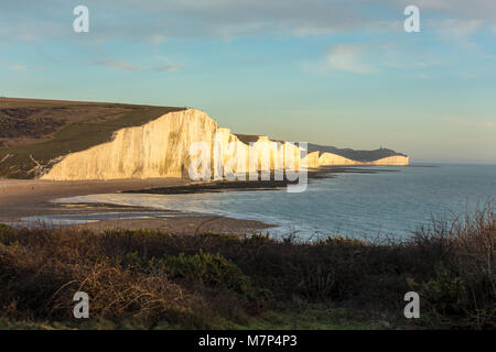 The Seven Sisters is a series of chalk cliffs by the English Channel. They form part of the South Downs in East Sussex. Stock Photo