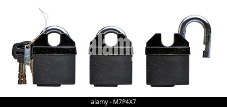Well used Open and closed strong lock isolated on white background with clipping path Stock Photo