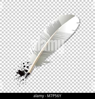 White realistic Ink feather pen and ink splatter isolated on transparent background. Vector object, clip art, icon, logo, symbol of literature and edu Stock Vector