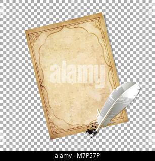 White feather pen with ink splatter and old papyrus with elegant curly ornamental frame isolated on transparent background. Vector illustration, borde Stock Vector