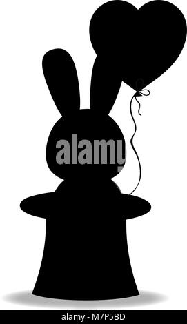 Black silhouette of rabbit with heart shaped balloon in the black magic cylinder hat isolated on white background. Monochrome vector illustration, sig Stock Vector