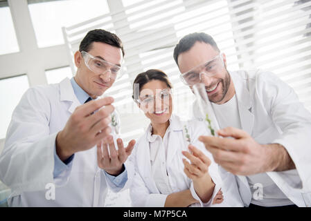 Exuberant scientists looking at test tubes Stock Photo