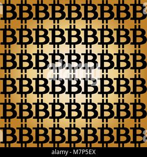 Seamless pattern with black bitcoin signs on golden radial gradient background. Vector illustration. Template. Stock Vector
