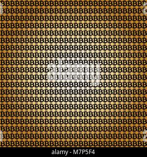 Seamless pattern with black bitcoin signs on golden radial gradient background. Vector illustration. Template. Stock Vector
