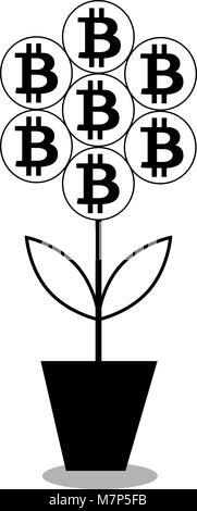 vector illustration of bitcoin flower in the pot. black silhouette, icon, clip art isolated on white background. Stock Vector
