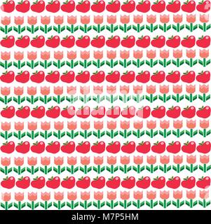 Seamless pattern with cartoon red apples and pink tulips flowers on white background. Flat vector illustration, banner, poster, template, wrapping pap Stock Vector